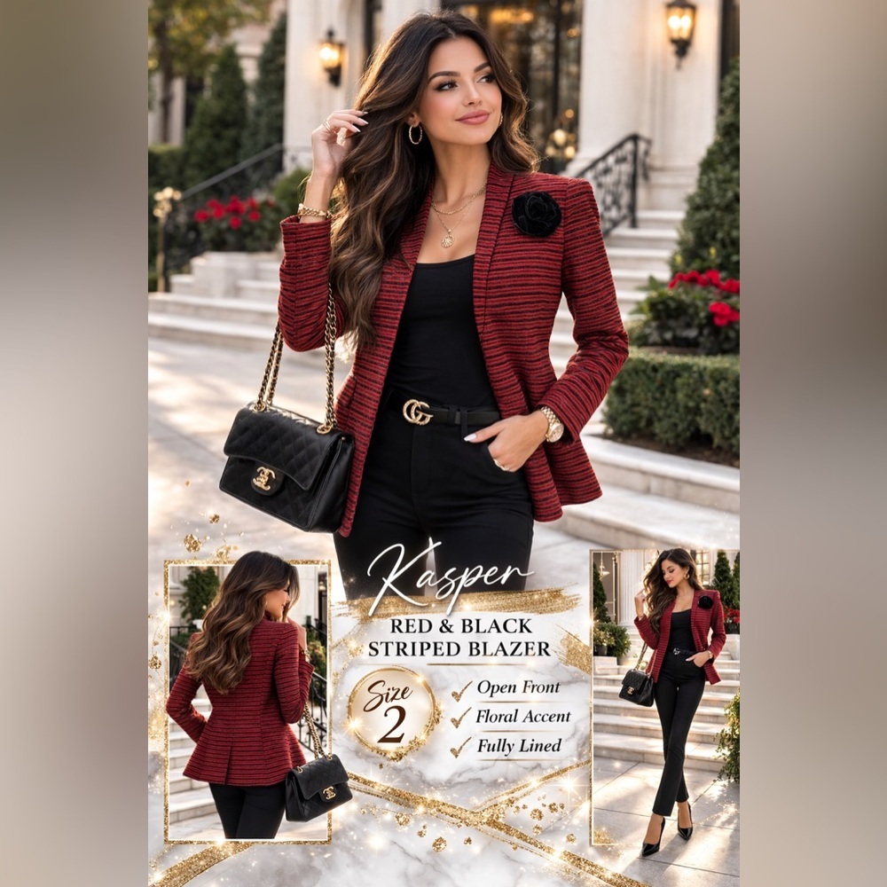 Kasper Red & Black Textured timeless Blazer Open Front Floral Accent Size 2